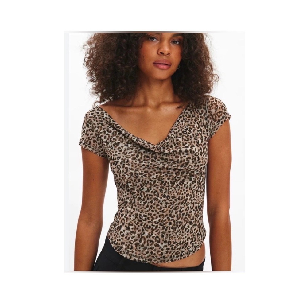 Silence + Noise Lara Mesh Leopard Print Short Sleeve Top Draped Off Shoulder